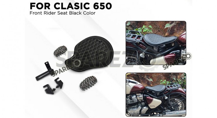 For Royal Enfield Classic 650 Genuine Leather Front Rider Seat Black Color - SPAREZO